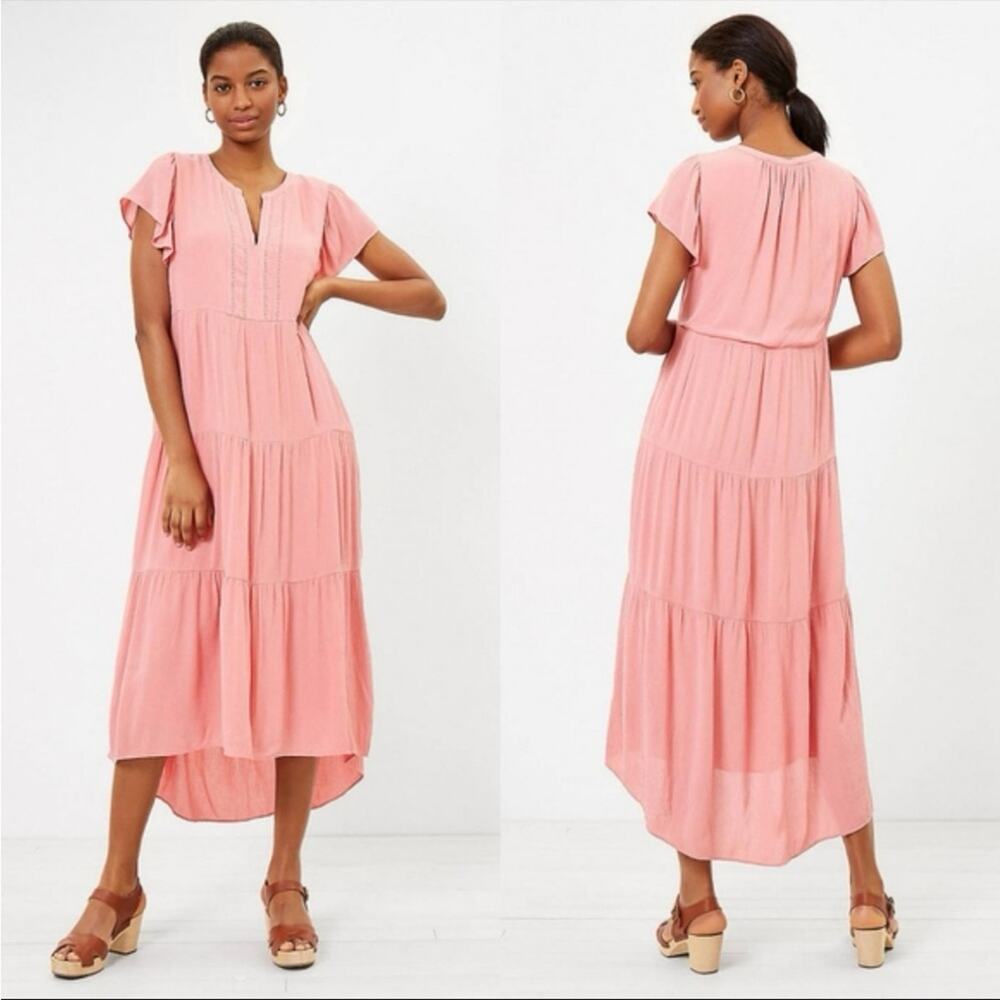 LOFT Pink Tiered Flutter Sleeve Midi Dress size medium